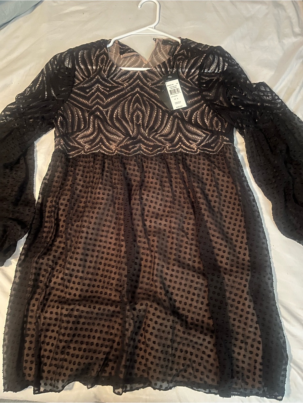 BCBGMaxAzria Black Sheer Embroidered Long Sleeve Babydoll Dress